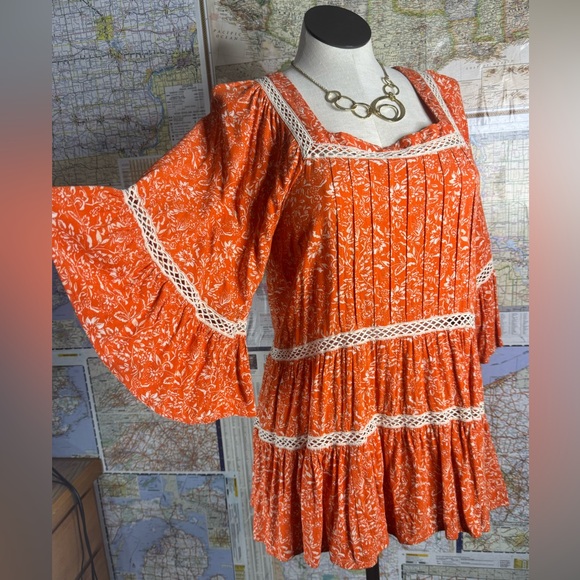 Free People Orange and White Tiered Floral Tunic - Picture 1 of 6